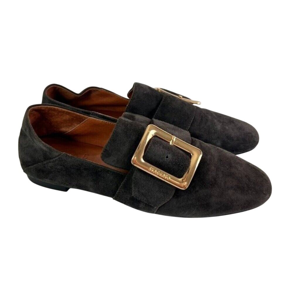 Staccato Smoking Slipper Shoe Women 230 US 6 Gray Suede Buckle Gold Buckle